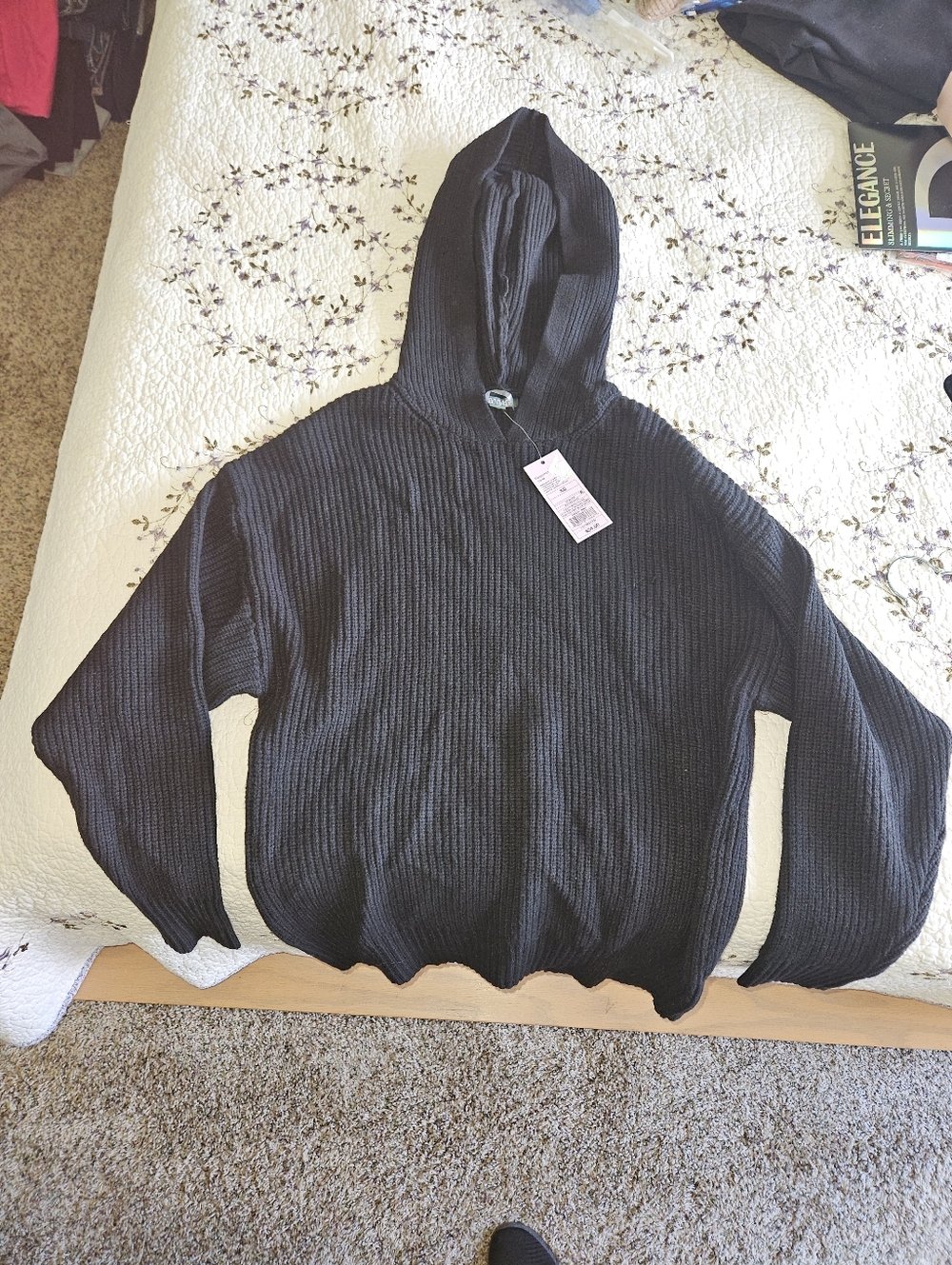 Womens Black Hooded Ribbed Sweater